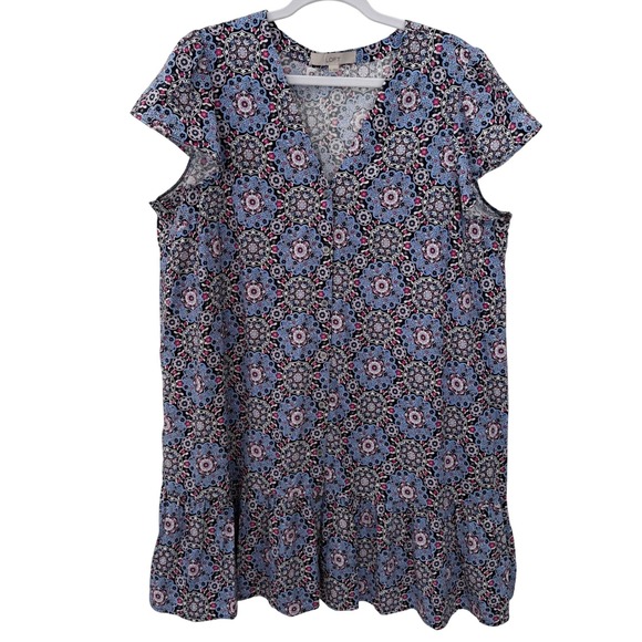 LOFT Dresses & Skirts - Loft Women's Flounce Dress Short Sleeve Blue Pink Floral Buttons Ruffle Size XL